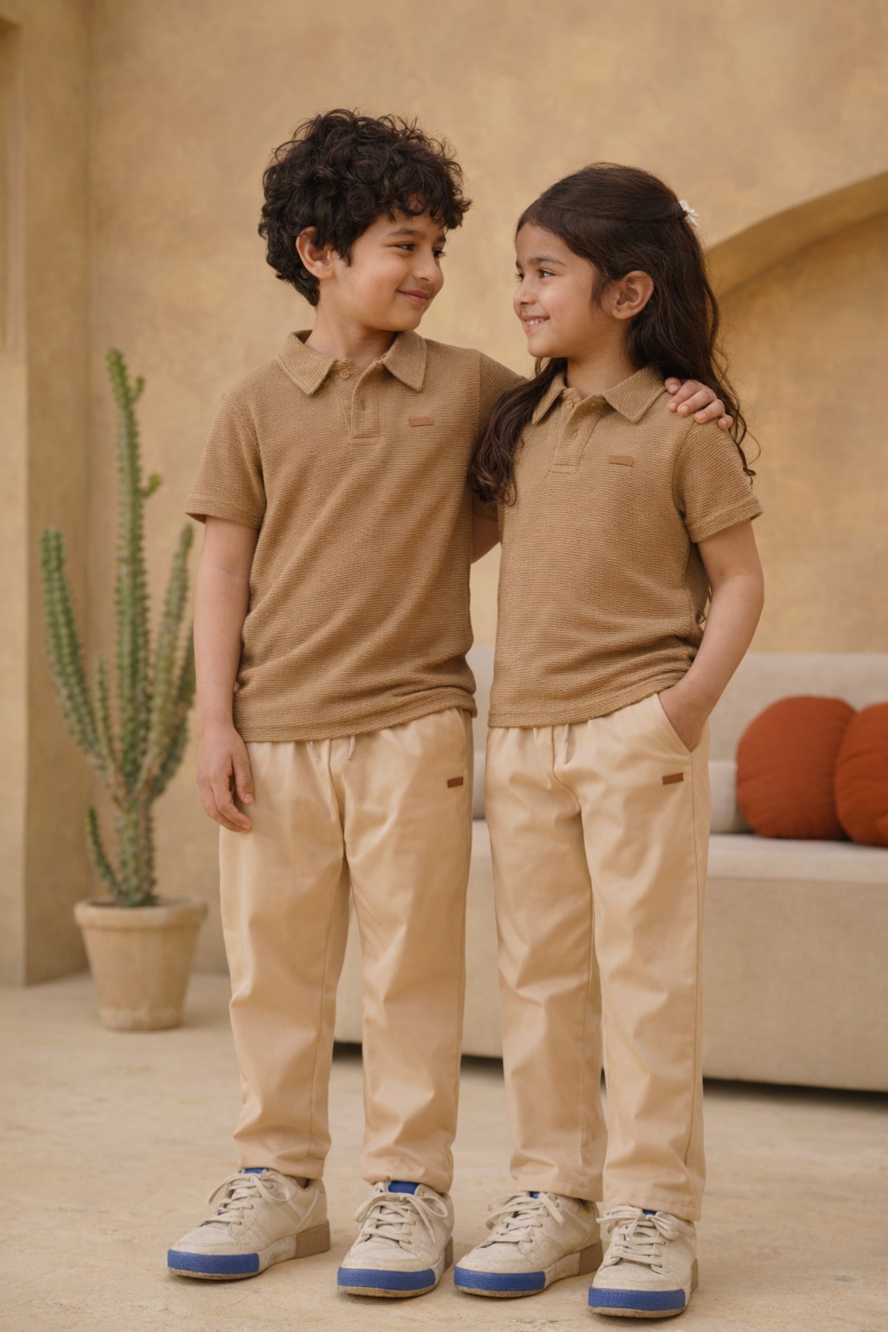 Kids beige polo and trouser summer co ord set