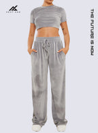 Grey Velour Cropped Tee & Wide Leg Jogger