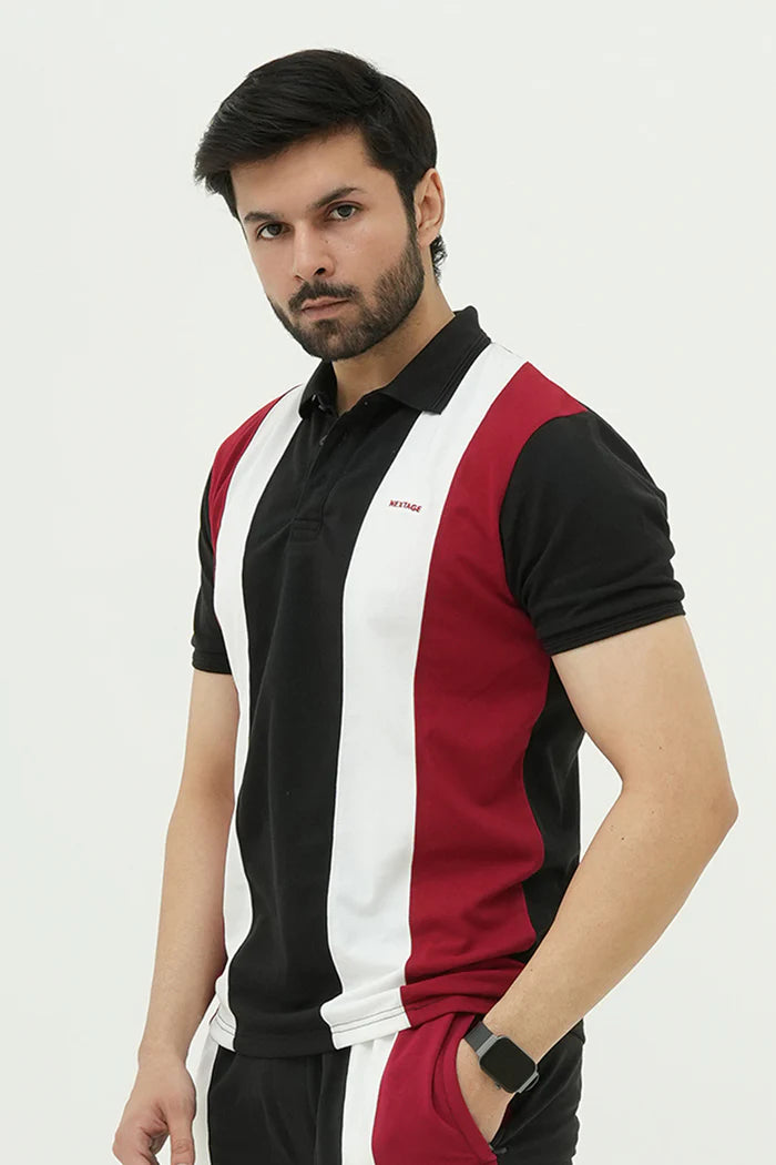 Nextage Black Contrast Striped Polo Shirt