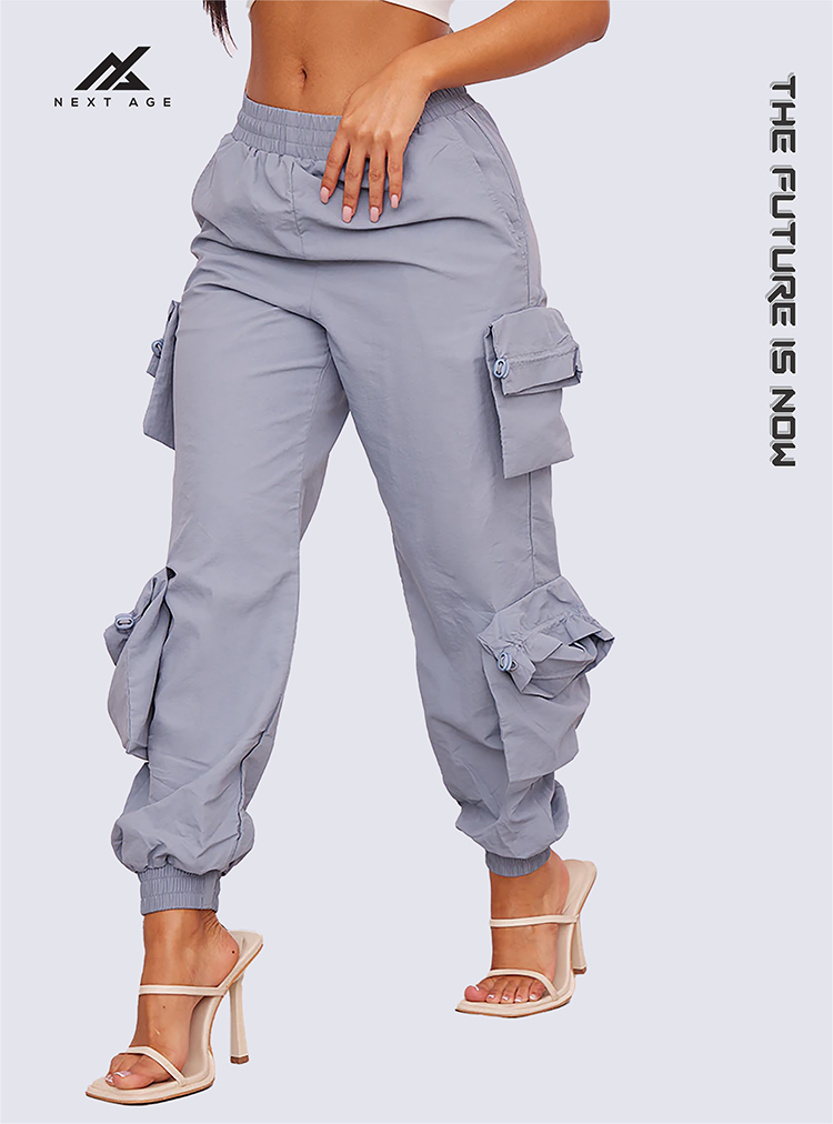 NYLON POCKET DETAIL CARGO JOGGERS,  WOMEN POCKET DETAILS CARGO JOGGER PANTS,