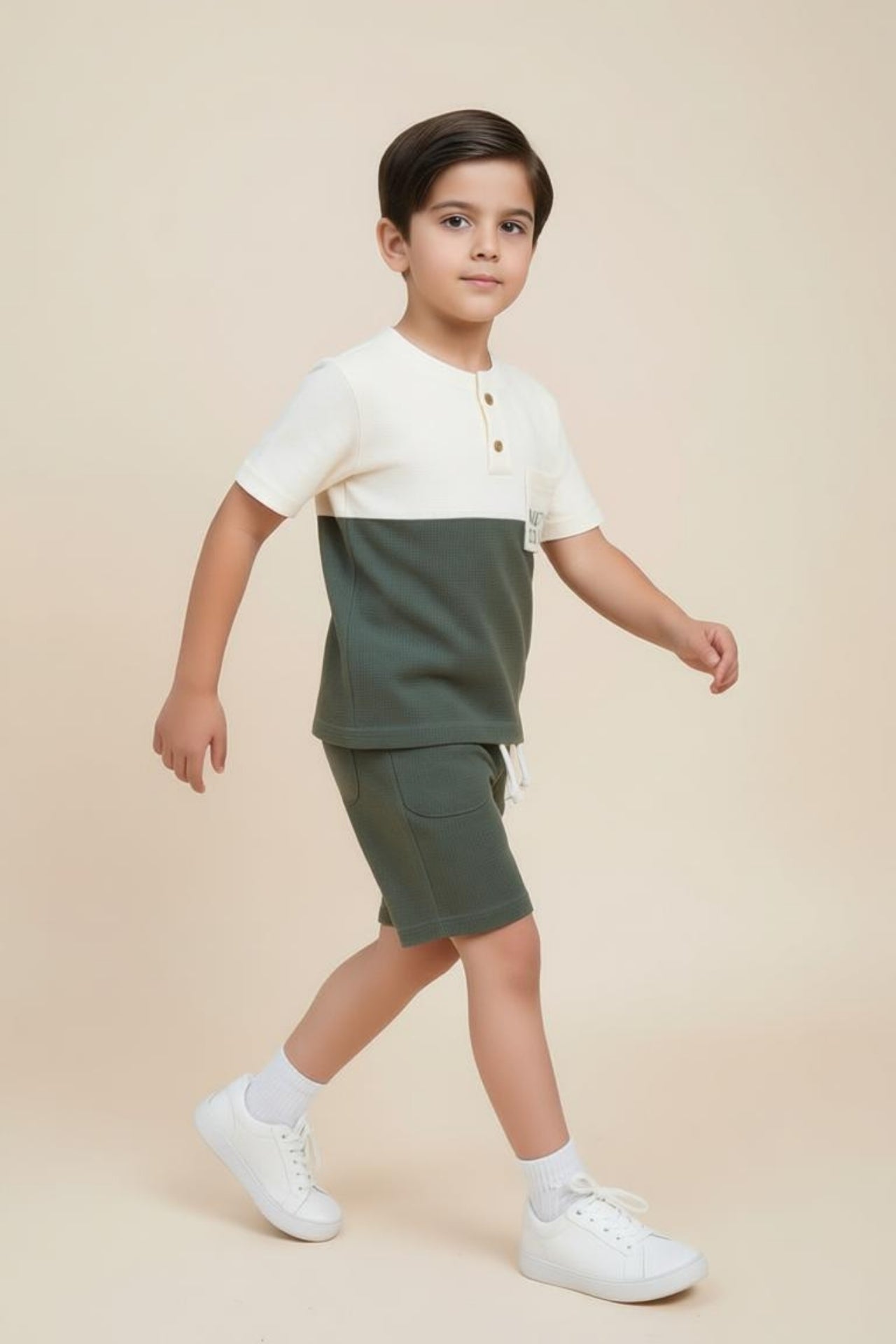 boys olive green and off white summer short set nextage