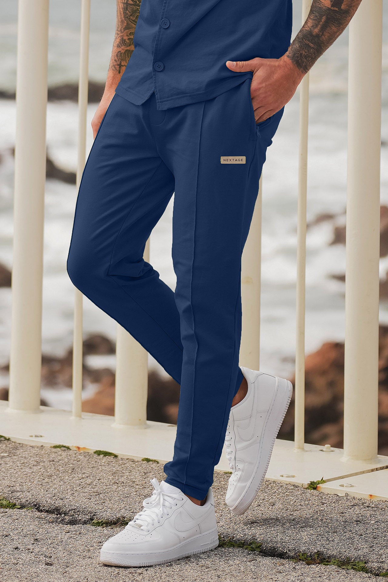 Smoke Grey Front Pleat Metal Badge Trouser