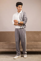 Close-up of premium knit fabric in Nextage grey & white co-ord set