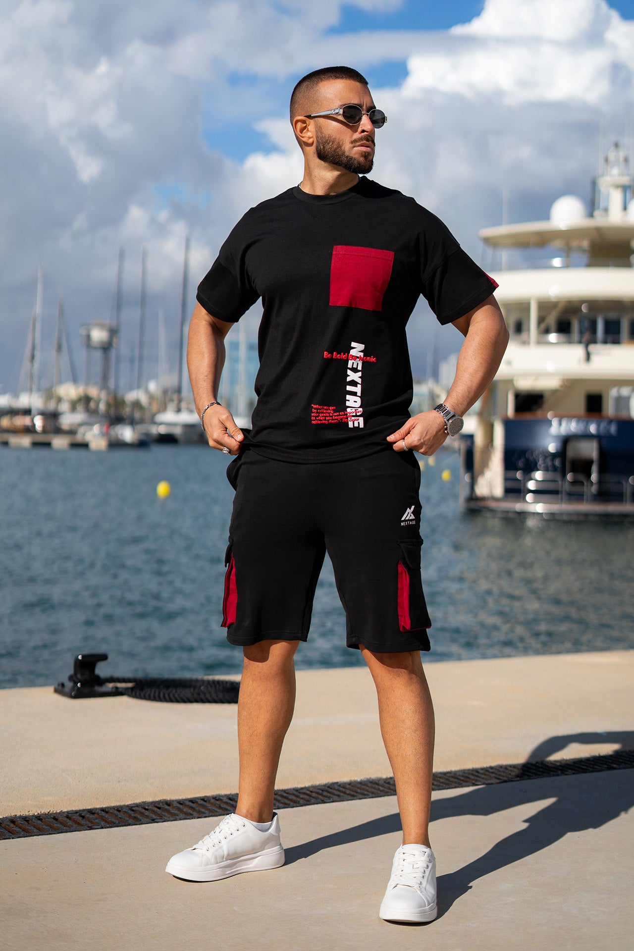 Black Contras Print Slogan Short Set I Nextage