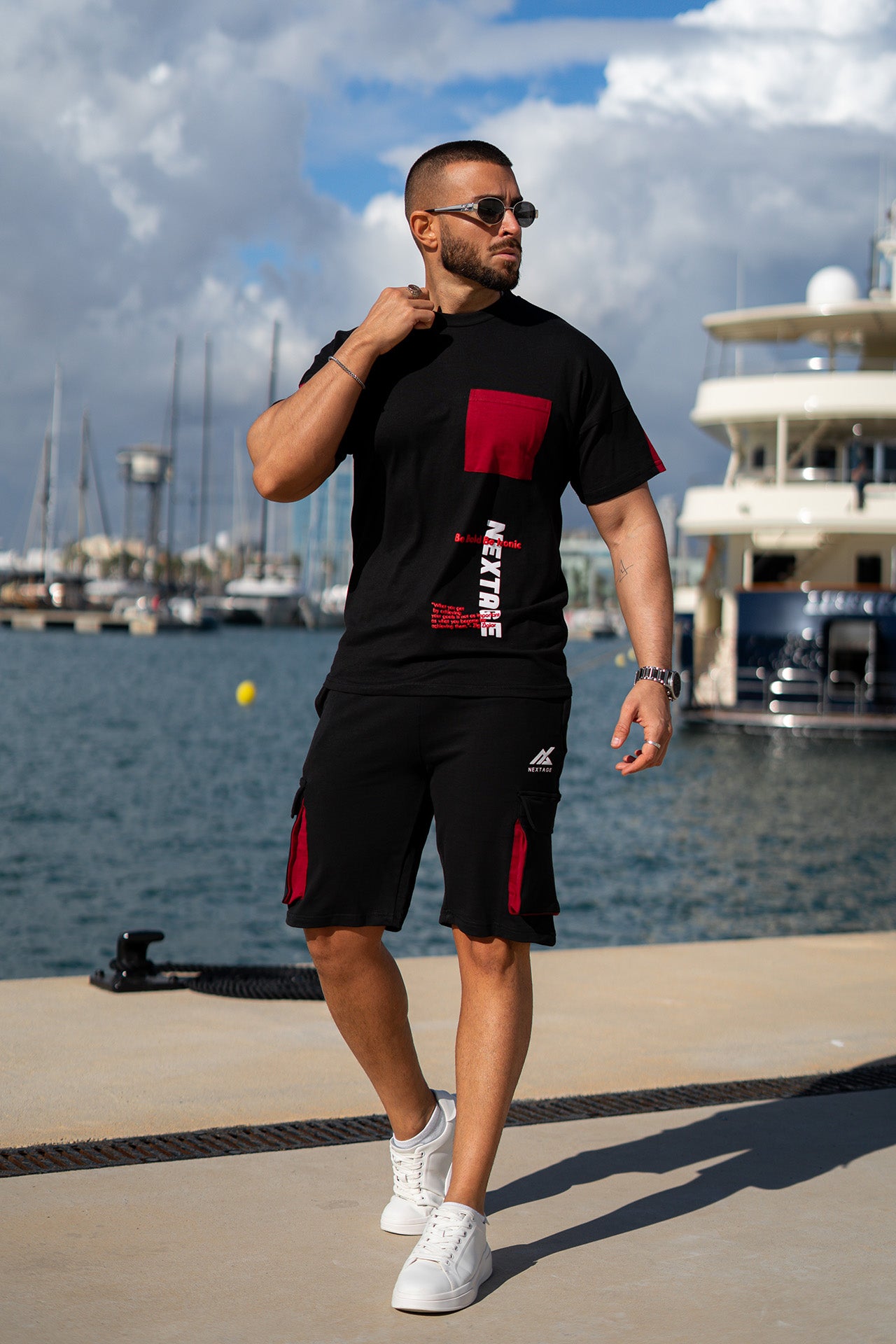 Black Contras Print Slogan Short Set I Nextage