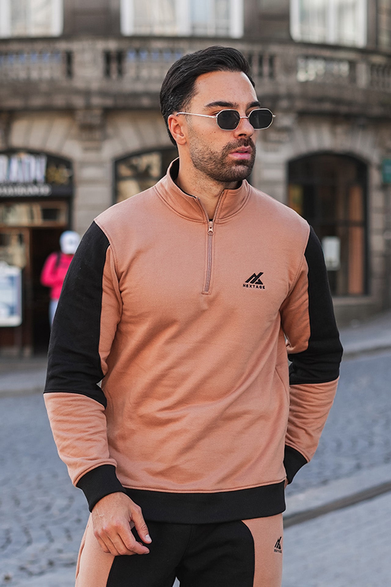 Tan Slogan Cotton 1/4 Zip Sweatshirt