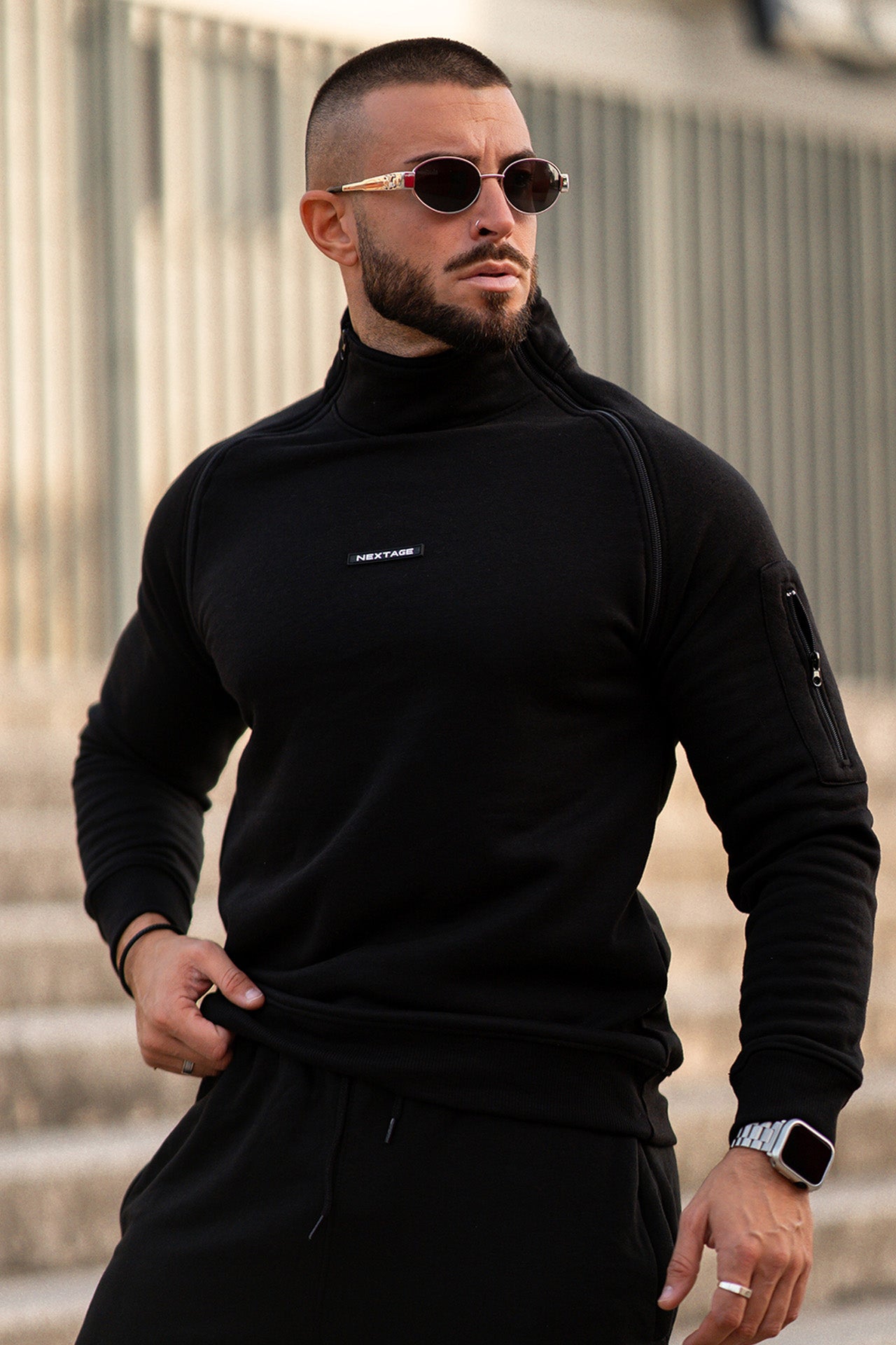 Black Zipper Cotton Sweatshirt