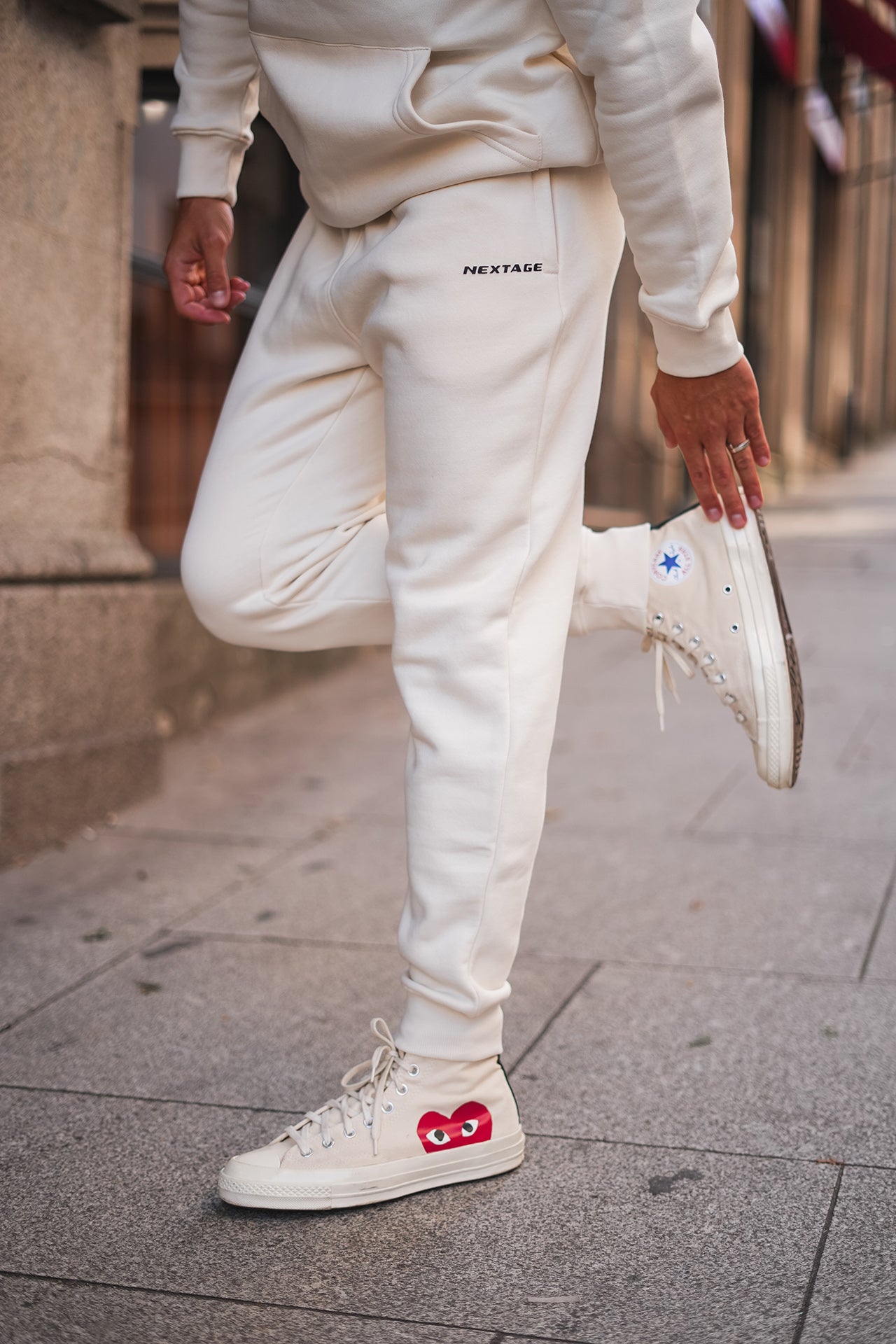 Nextage Slogan Cream Cotton Fleece Tracksuit