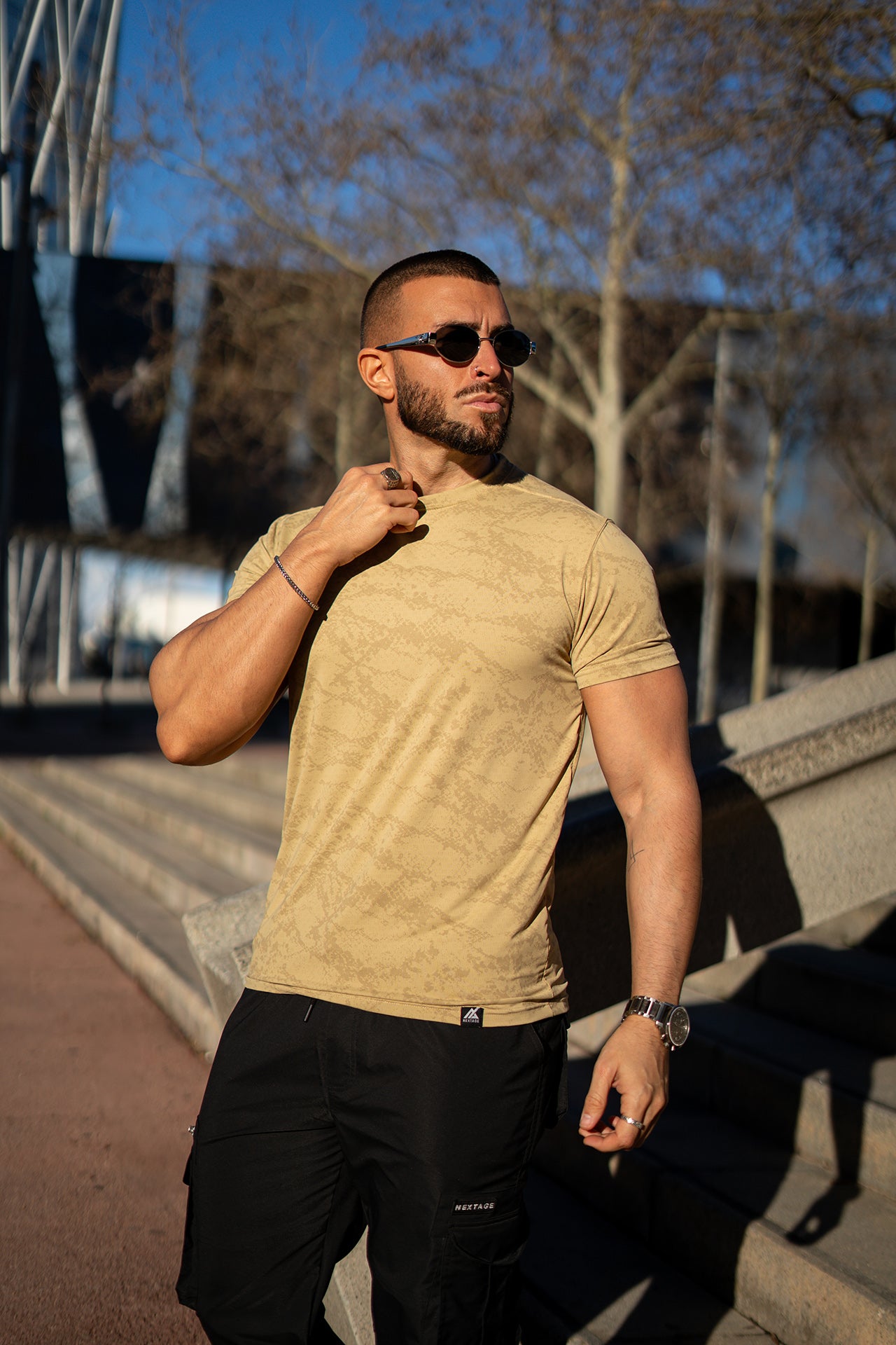 Premium Black Cargo Beige Spandex T-Shirt Set