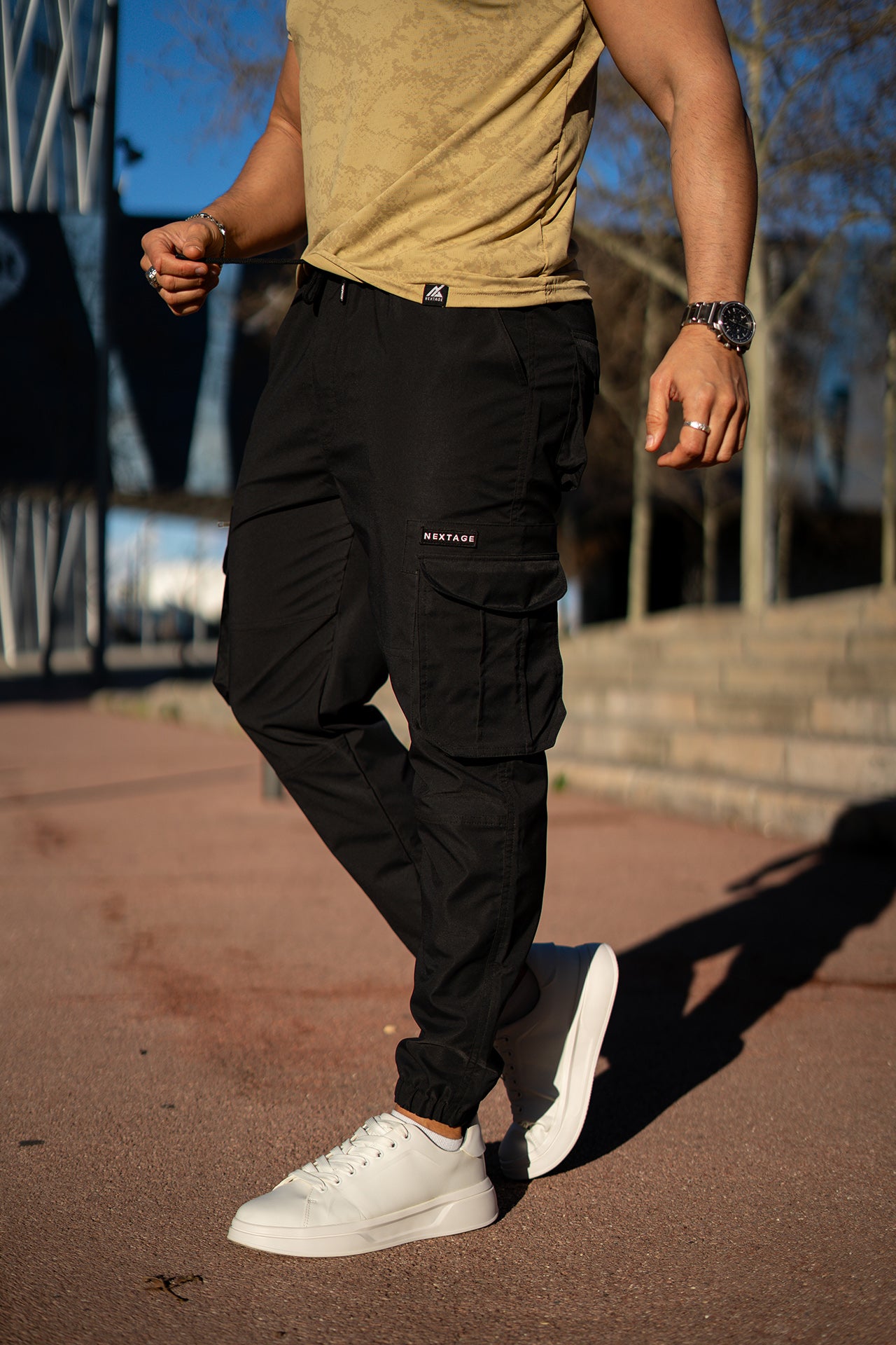 Premium Black Cargo Beige Spandex T-Shirt Set