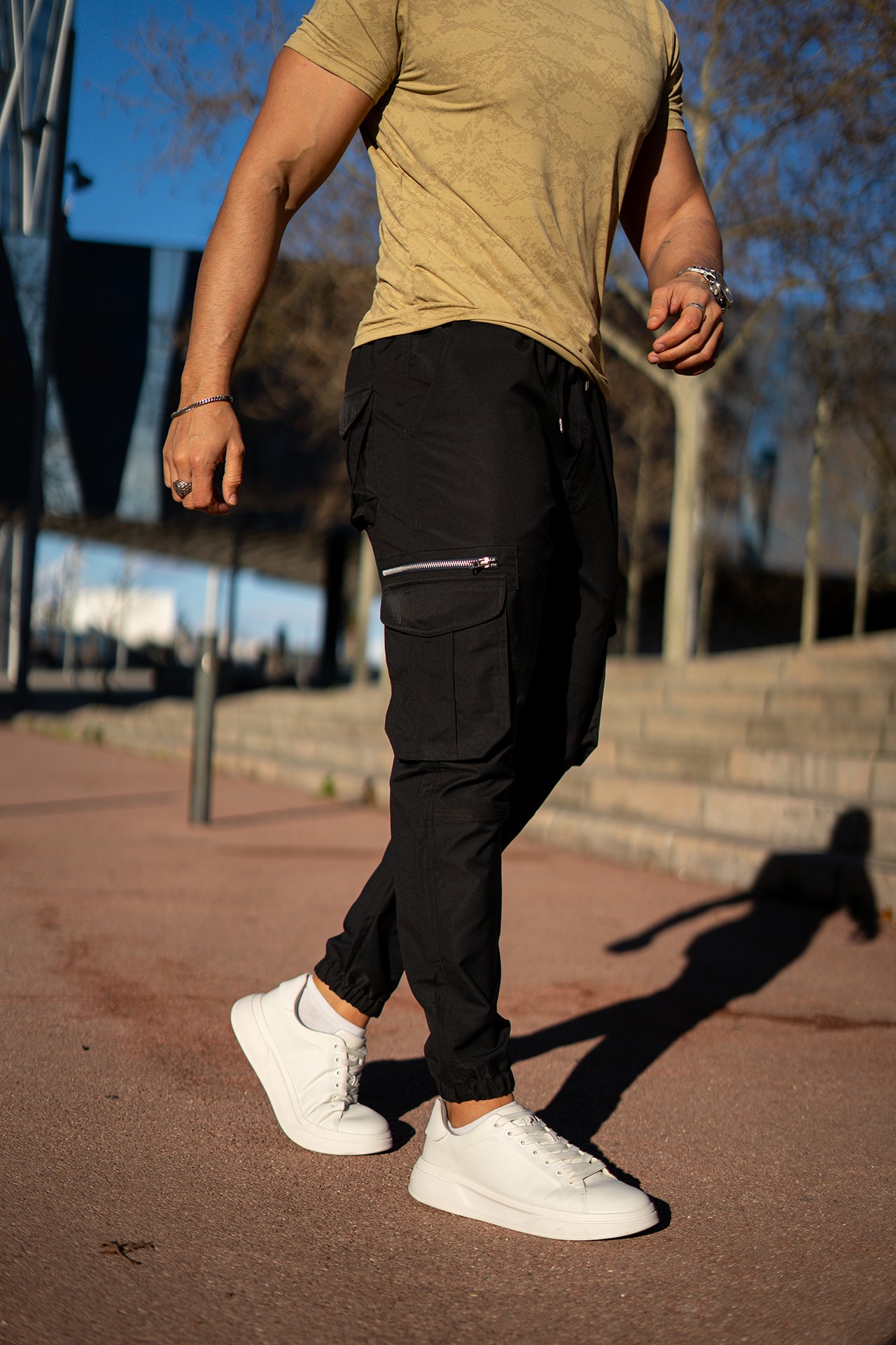 Premium Black Cargo Beige Spandex T-Shirt Set
