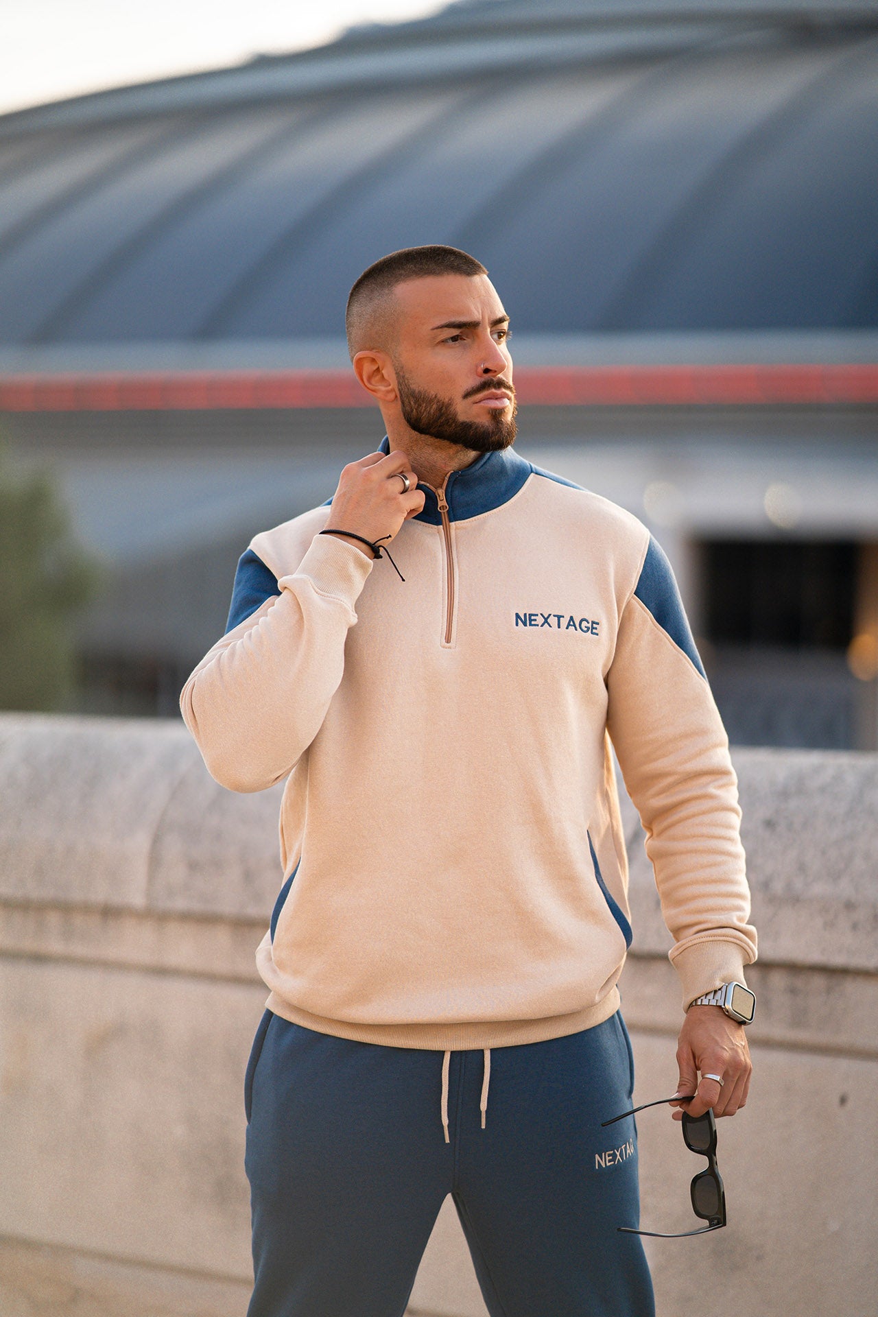 Nextage Oatmeal Quarter Zip Cotton Fleece Tracksuit