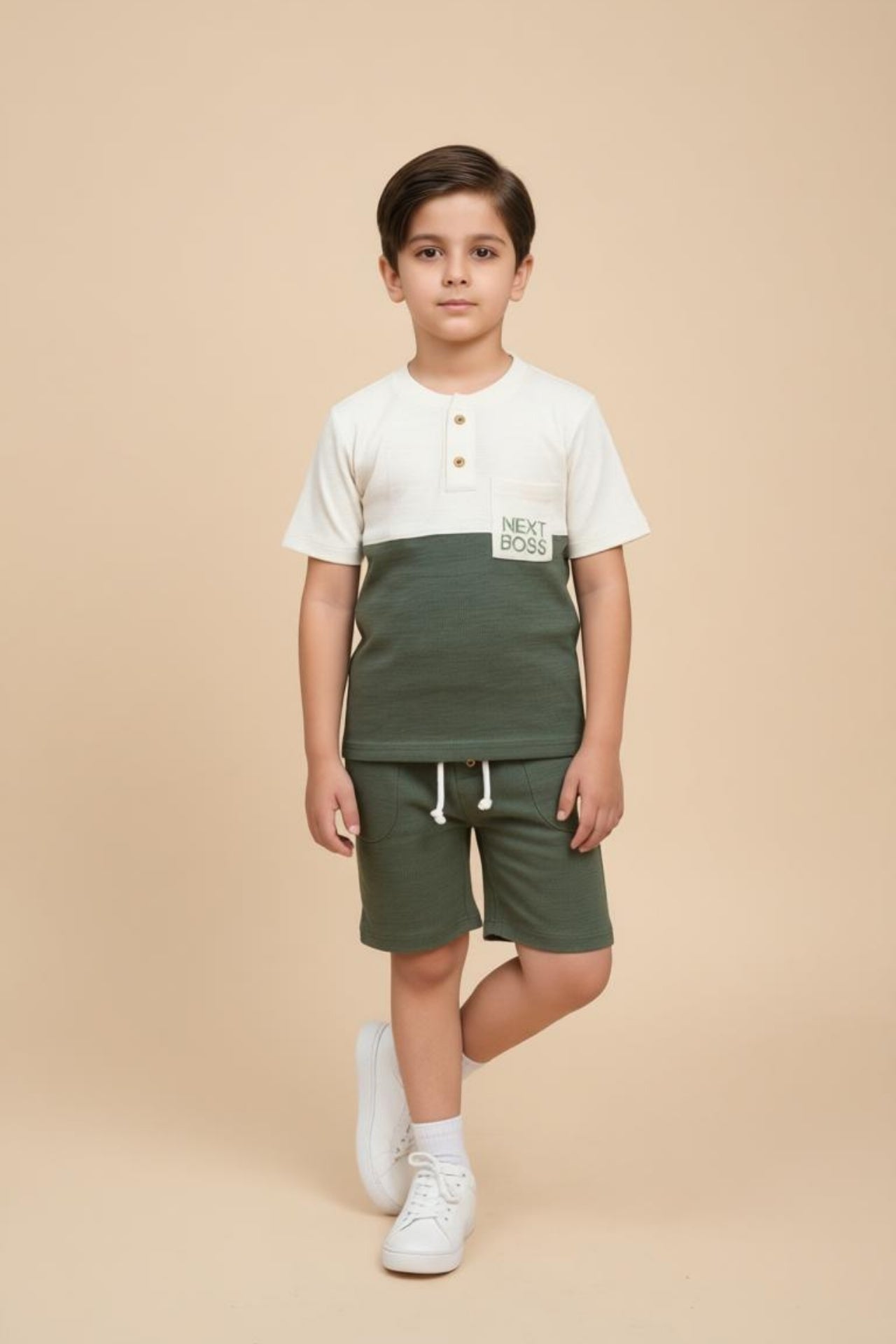 Nextage Next Boss kids green contrast slub short set front view