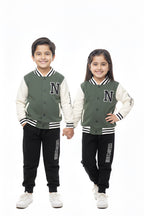 Two children wearing matching green and white varsity jackets with a letter 'N' on a white background.