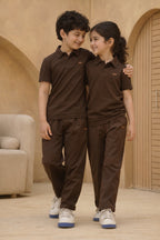 Chocolate brown polo shirt close up texture
