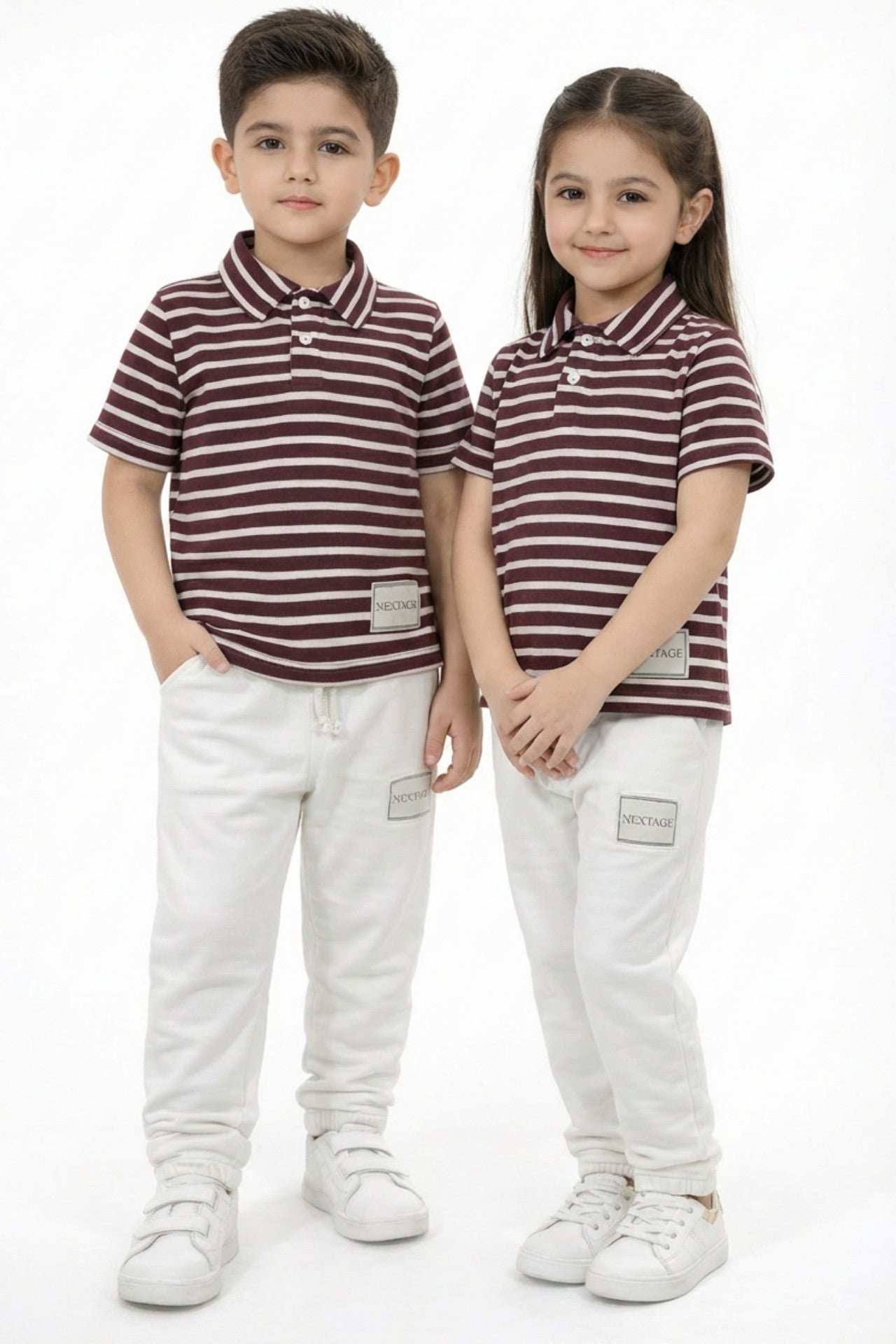 Front view of Nextage kids maroon and white striped polo co-ord set