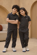 Charcoal textured cotton kids polo shirt close up