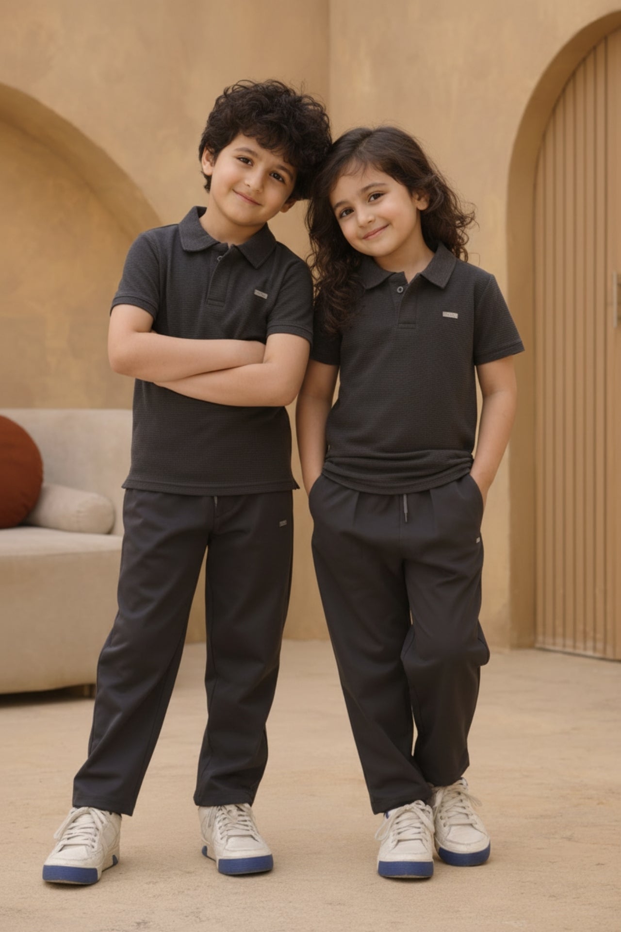 Charcoal textured cotton kids polo shirt close up