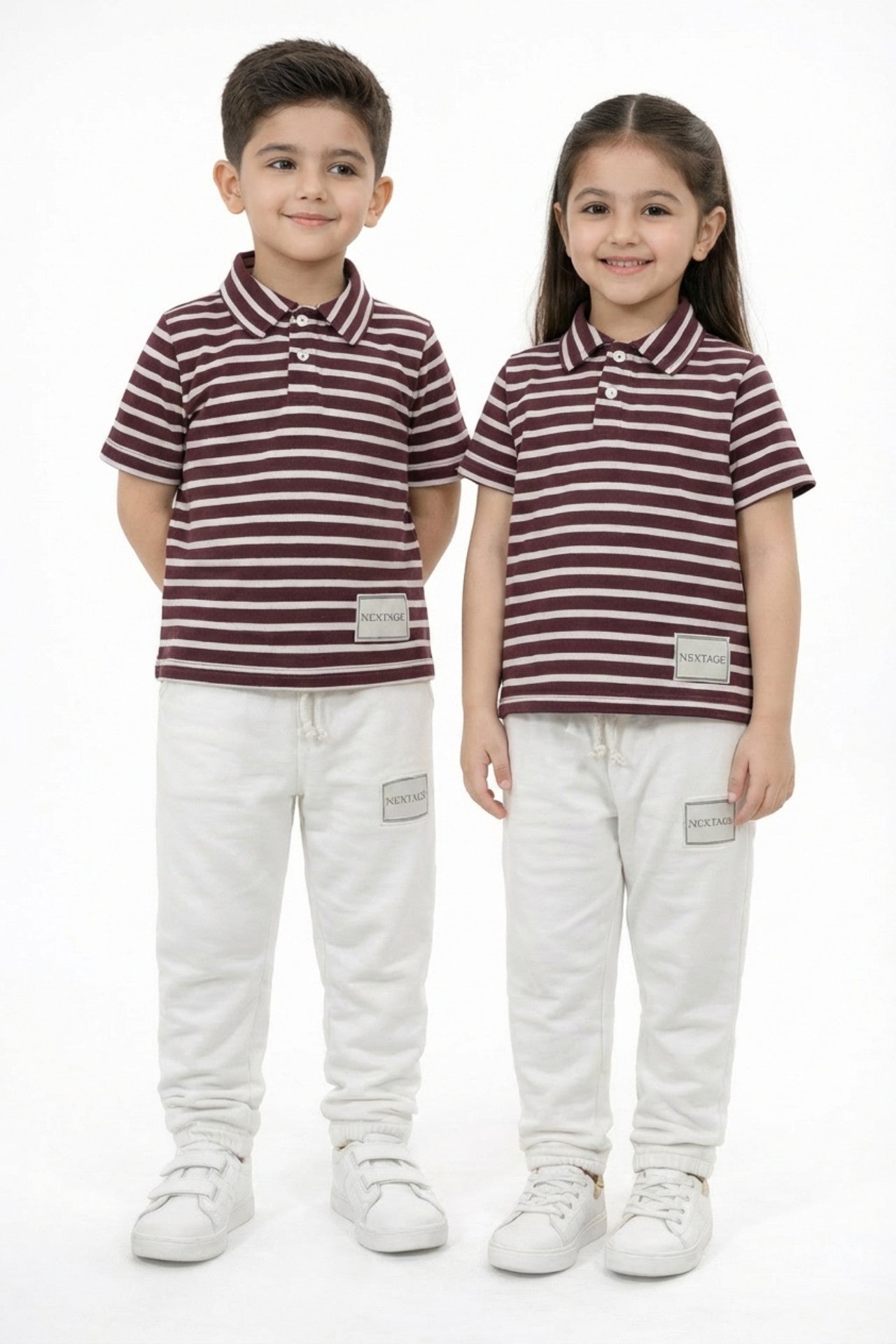 Close-up of maroon and white striped polo shirt from Nextage kids set