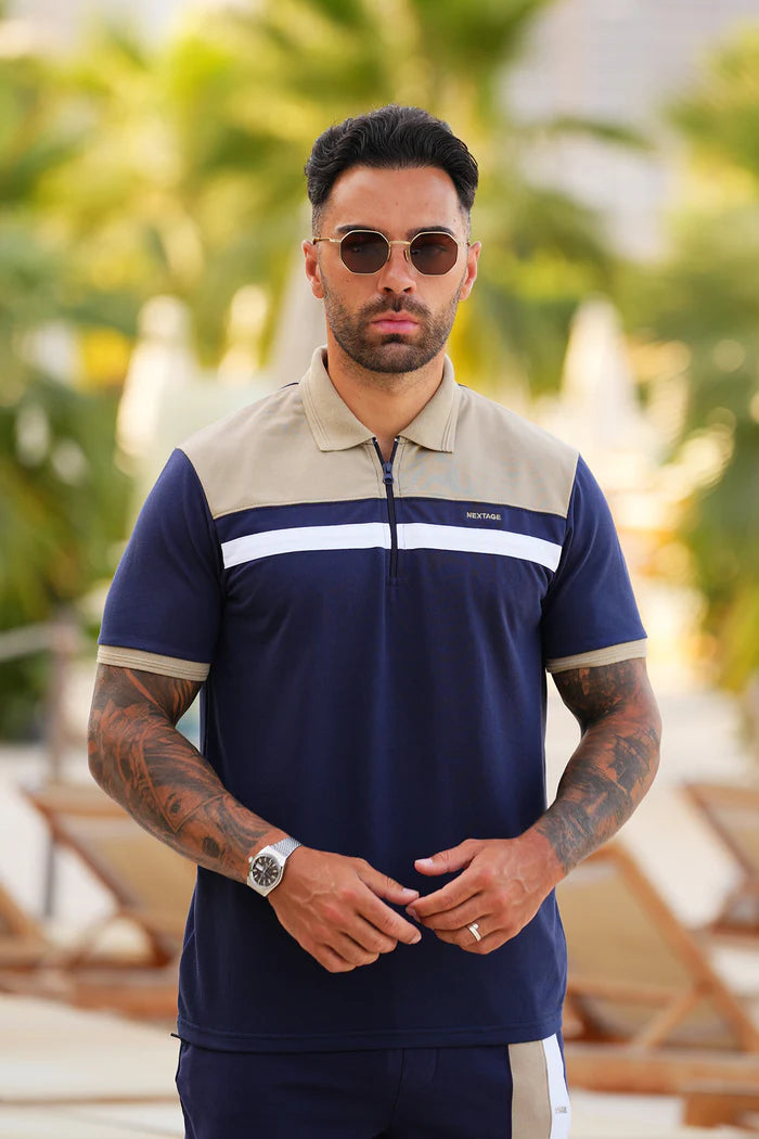 Nextage Beige-Navy Cotton Zip Polo shirt