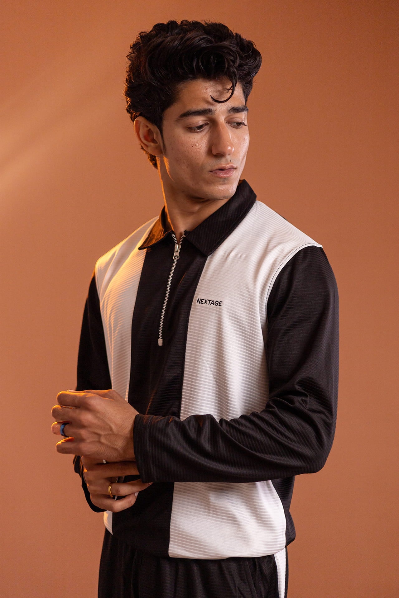 Nextage zip neck track top with white contrast panels close up