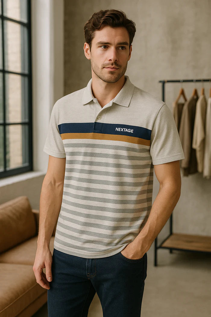 Navy Mustard Stripes Polo Shirt
