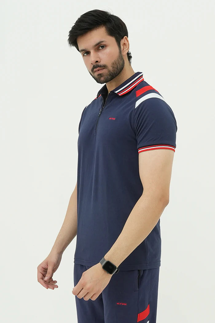 Nextage Navy Blue Cotton Polo Shirt