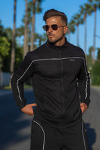 model wear nextage black zipper sweatshirt with contrast white piping 