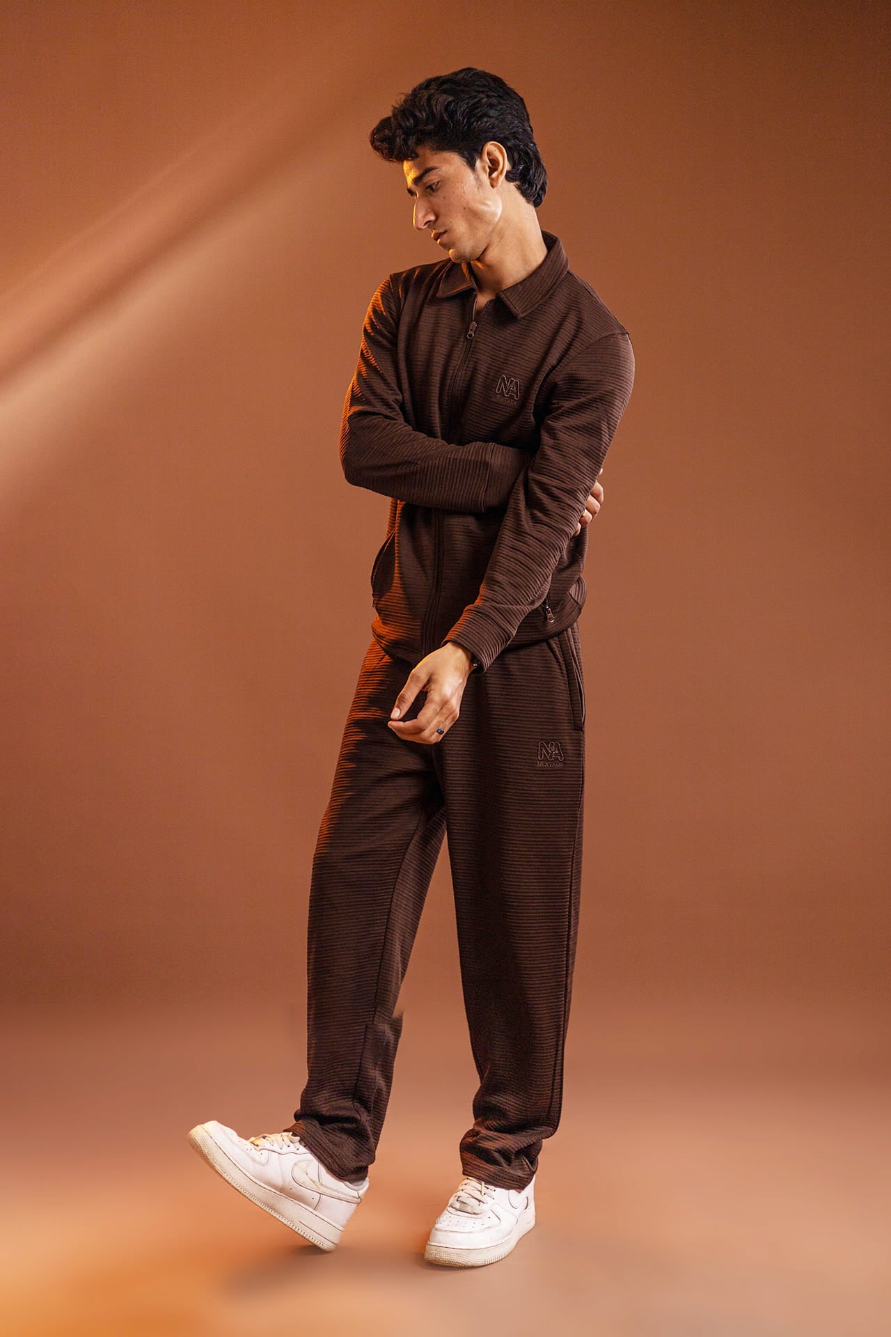 Nextage brown textured zip-up tracksuit for men