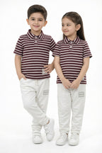 Girl wearing Nextage maroon and white striped polo co-ord set