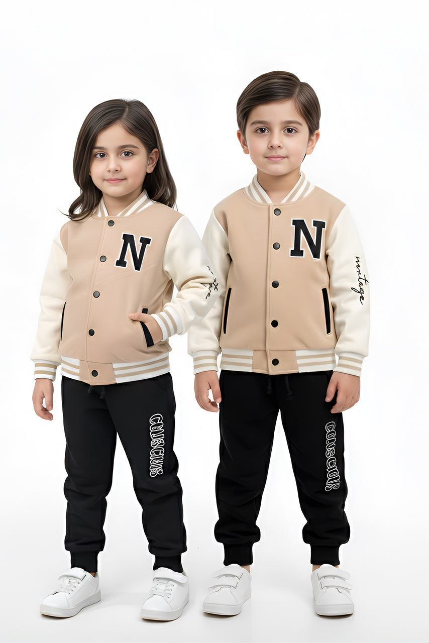 Nextage Kids Beige Varsity Jacket Tracksuit