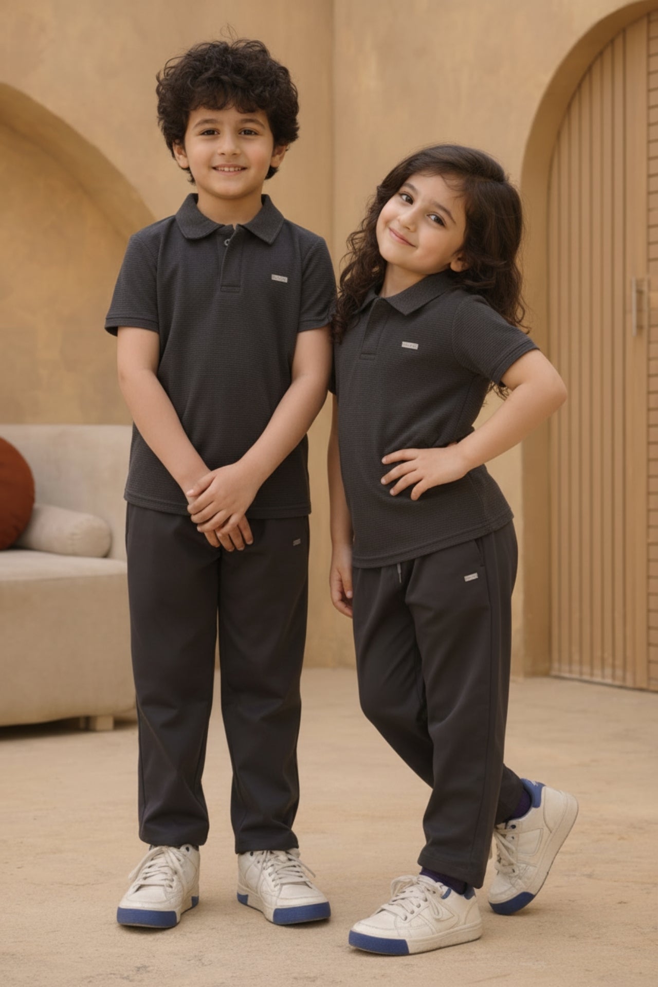 Kids charcoal polo and trouser co ord summer set