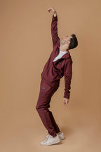 Closeup of Nextage men’s burgundy tracksuit jacket, zip-up winter casual wear