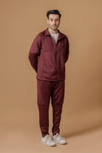 Full body view of Nextage men’s burgundy winter tracksuit, stylish slim fit design