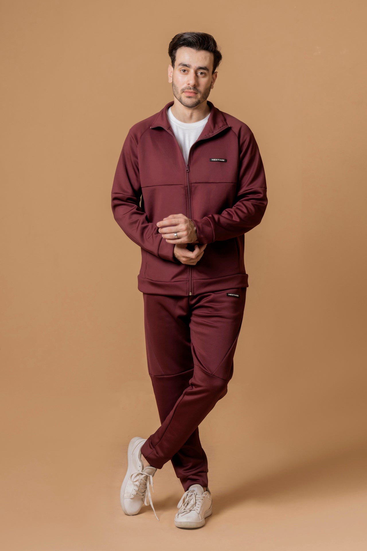 Nextage burgundy tracksuit for men, side view winter outfit with zip-up jacket