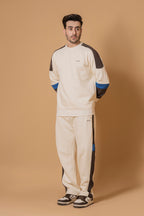 Nextage men’s contrast cream crew neck cotton tracksuit, two-piece winter casual wear set