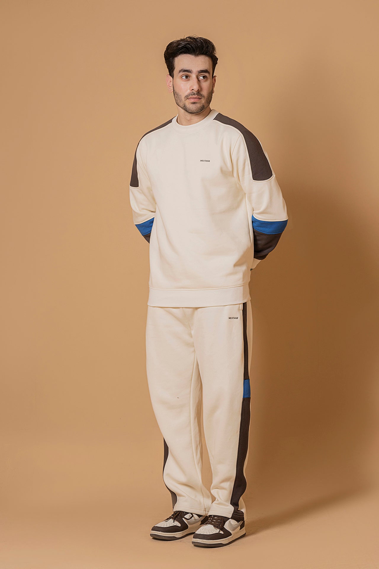 Nextage men’s contrast cream crew neck cotton tracksuit, two-piece winter casual wear set