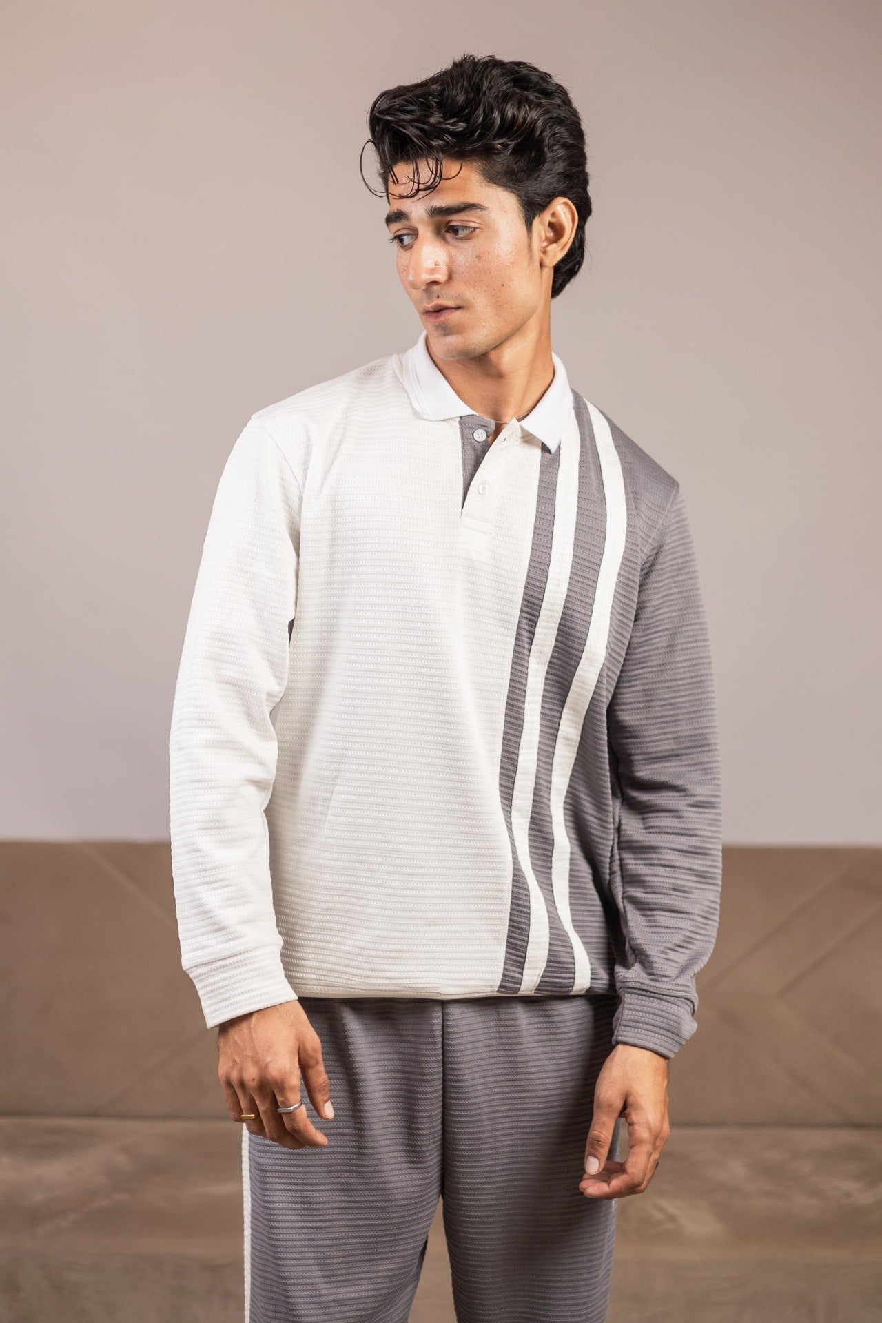 Detail of knit top from Nextage grey and white co-ord set