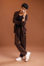 Men wearing Nextage ribbed brown tracksuit front view