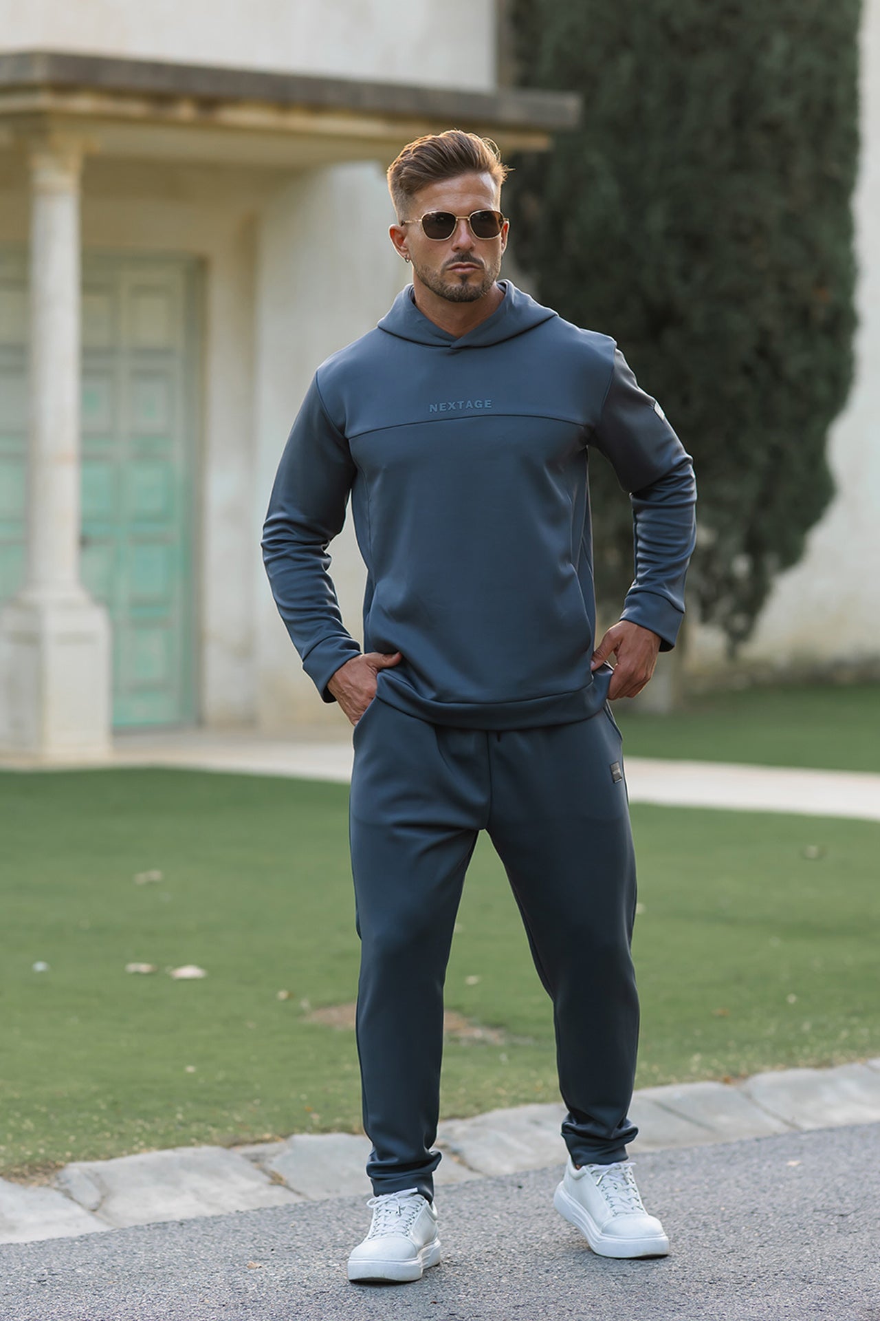 Nextage Steel Grey Scuba Tracksuit Side Pose – Premium Men’s Winter Tracksuit