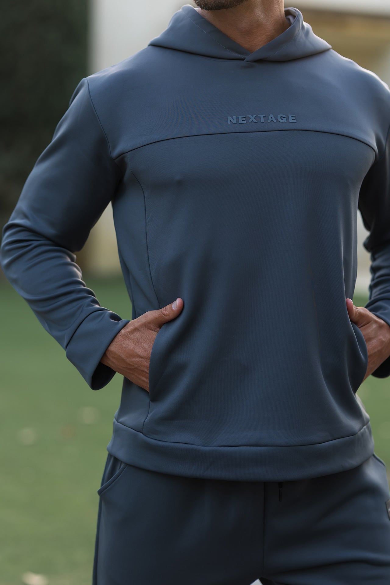 Model Wearing Nextage Steel Grey Scuba Hoodie Tracksuit – Winter Collection 2025