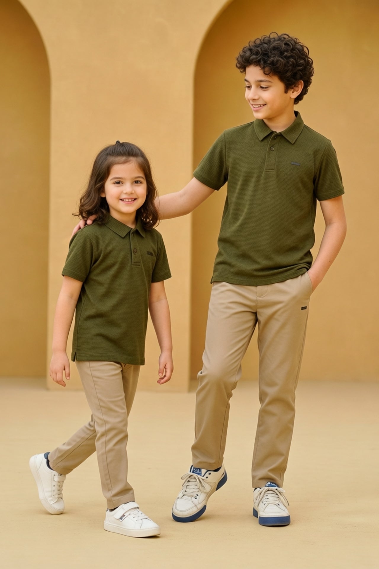 Premium Kids Olive Textured Polo Set