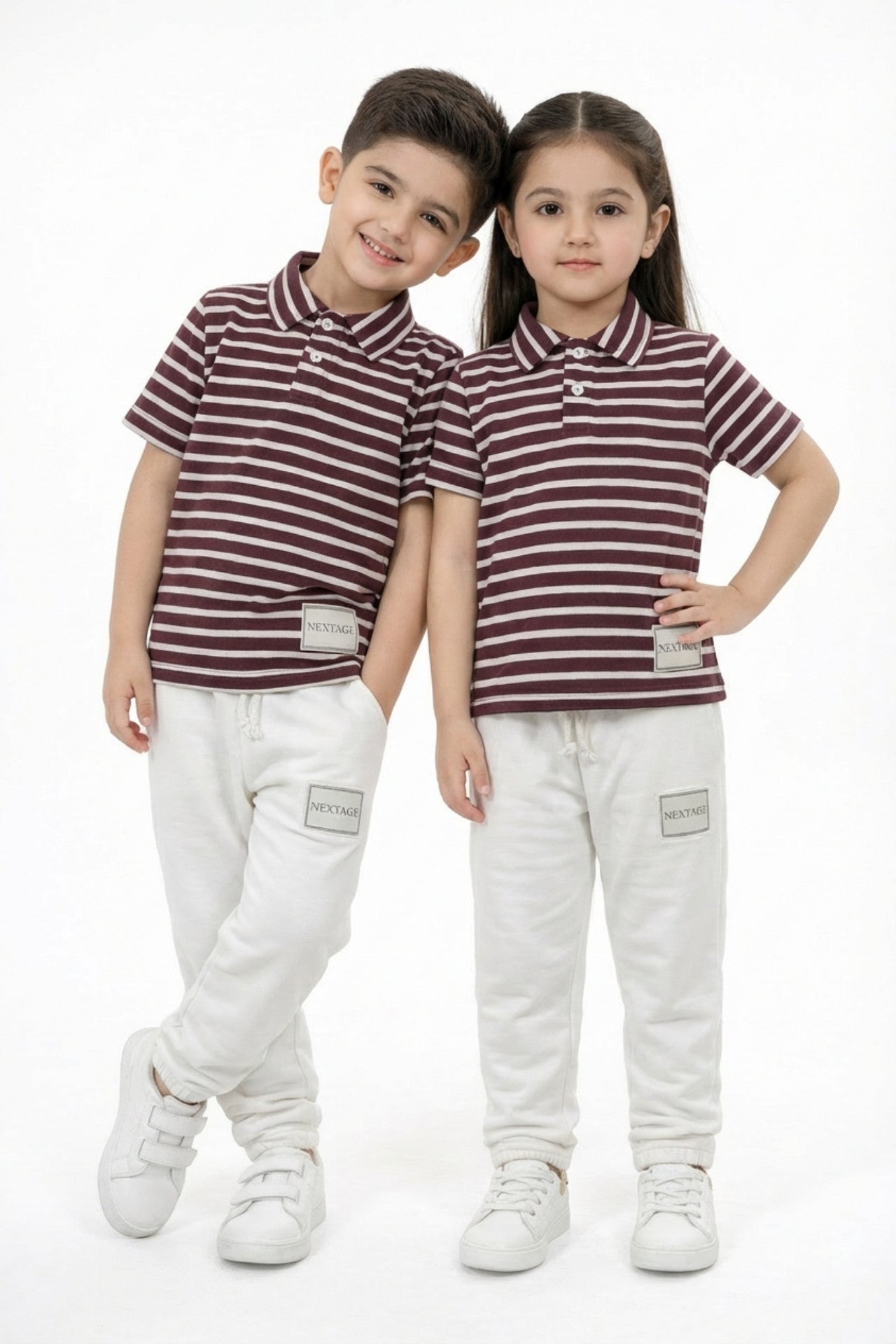Boy wearing Nextage maroon striped polo shirt with white jogger pants