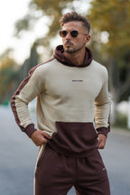 nextage soft and breathable cotton fleece hoodie in beige and brown color.