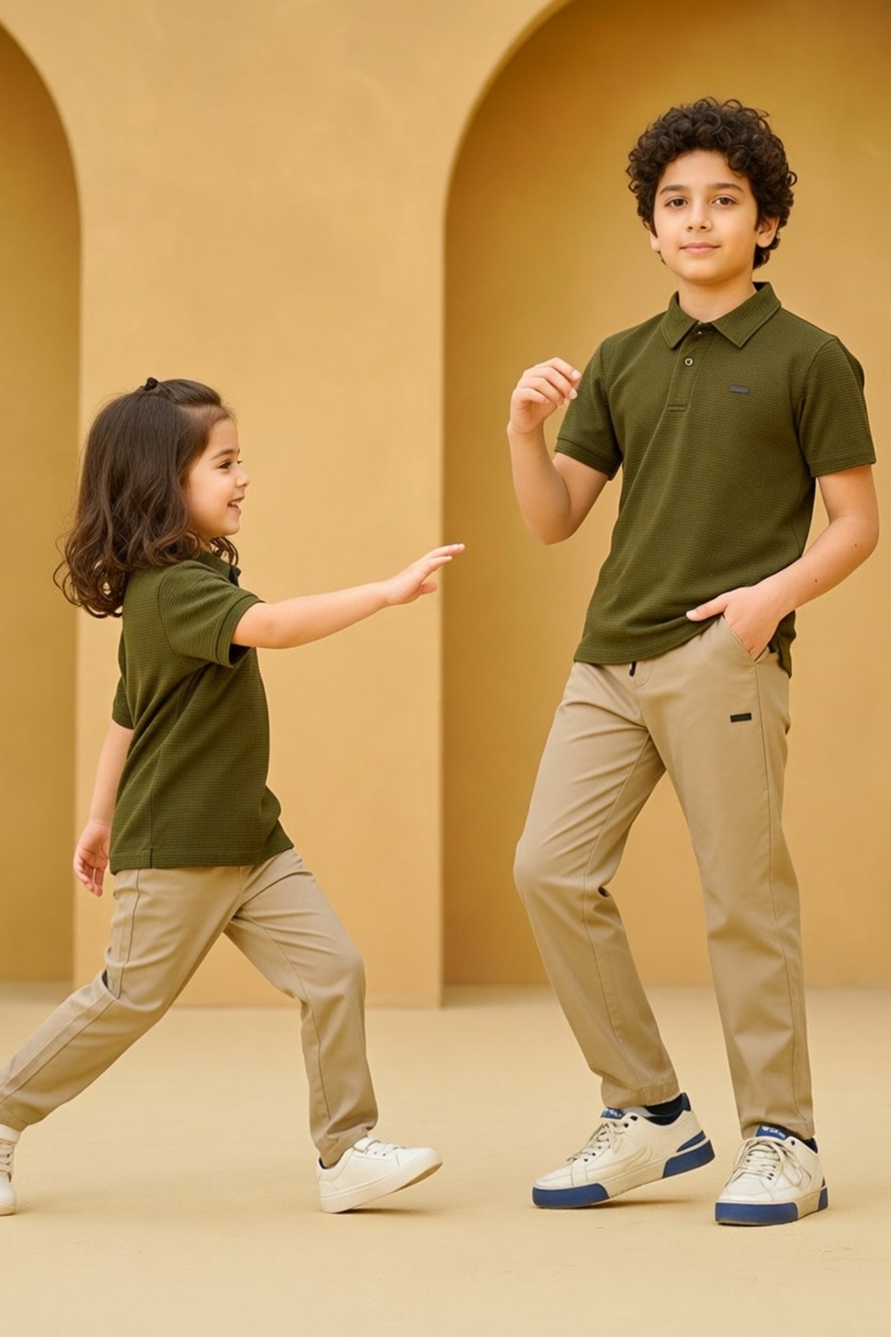 Premium Kids Olive Textured Polo Set
