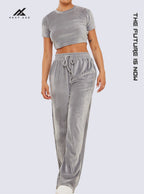 Grey Velour Cropped Tee & Wide Leg Jogger
