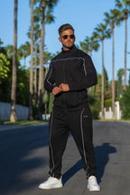 nextage black premium piping detail tracksuit model wearing size medium