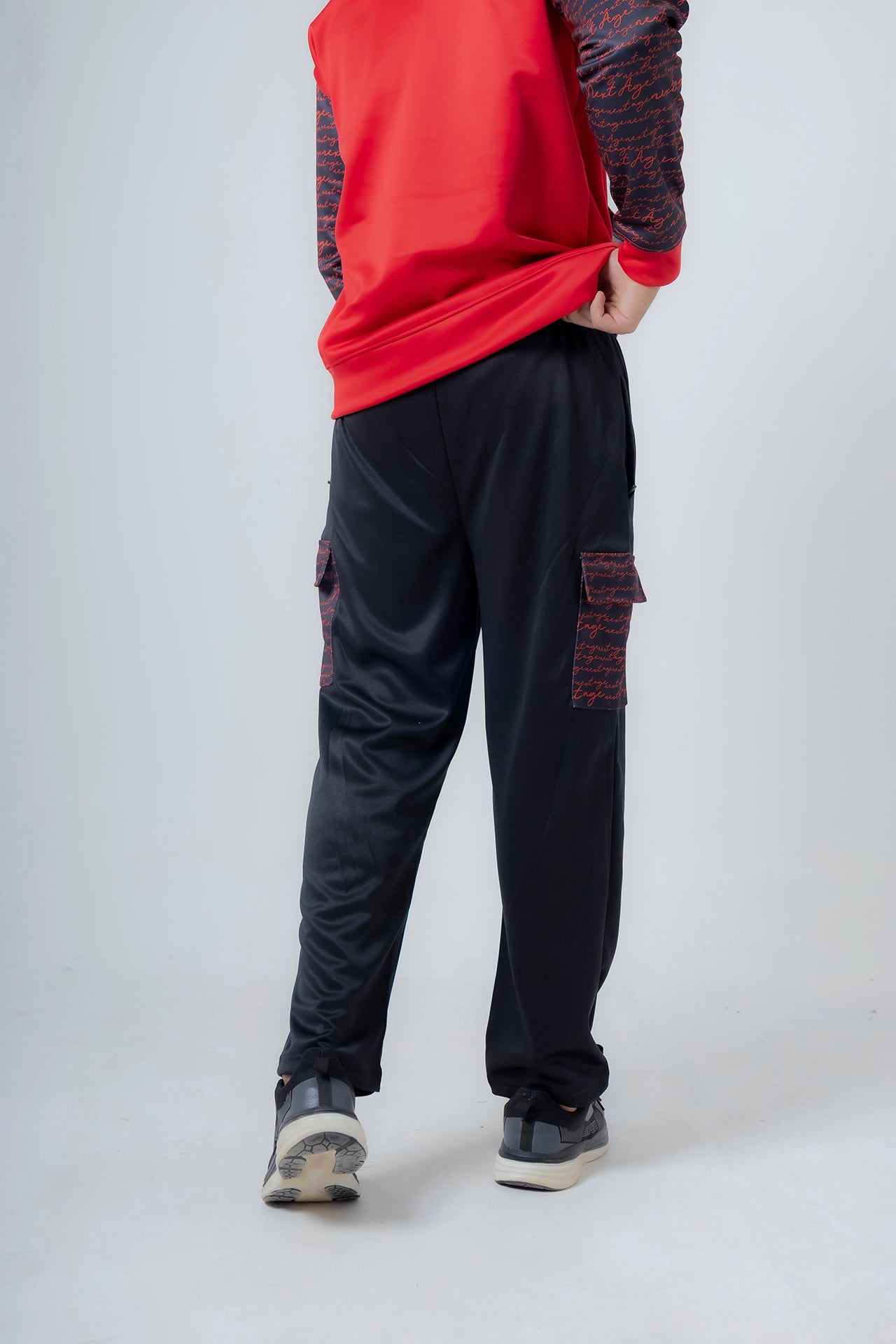 Back view of Nextage red and black fleece hoodie tracksuit, stylish winter wear