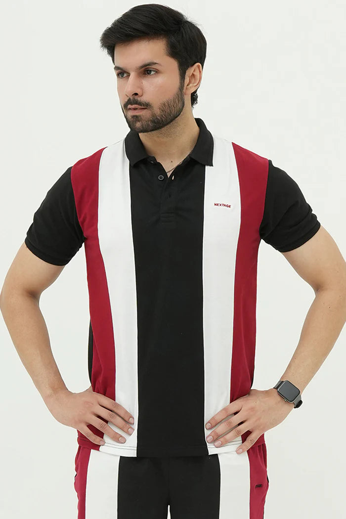 Nextage Black Contrast Striped Polo Shirt