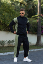 Men’s Nextage Black Khaki Panel Tracksuit showcasing modern streetwear design with a zip-up top and relaxed-fit trousers.